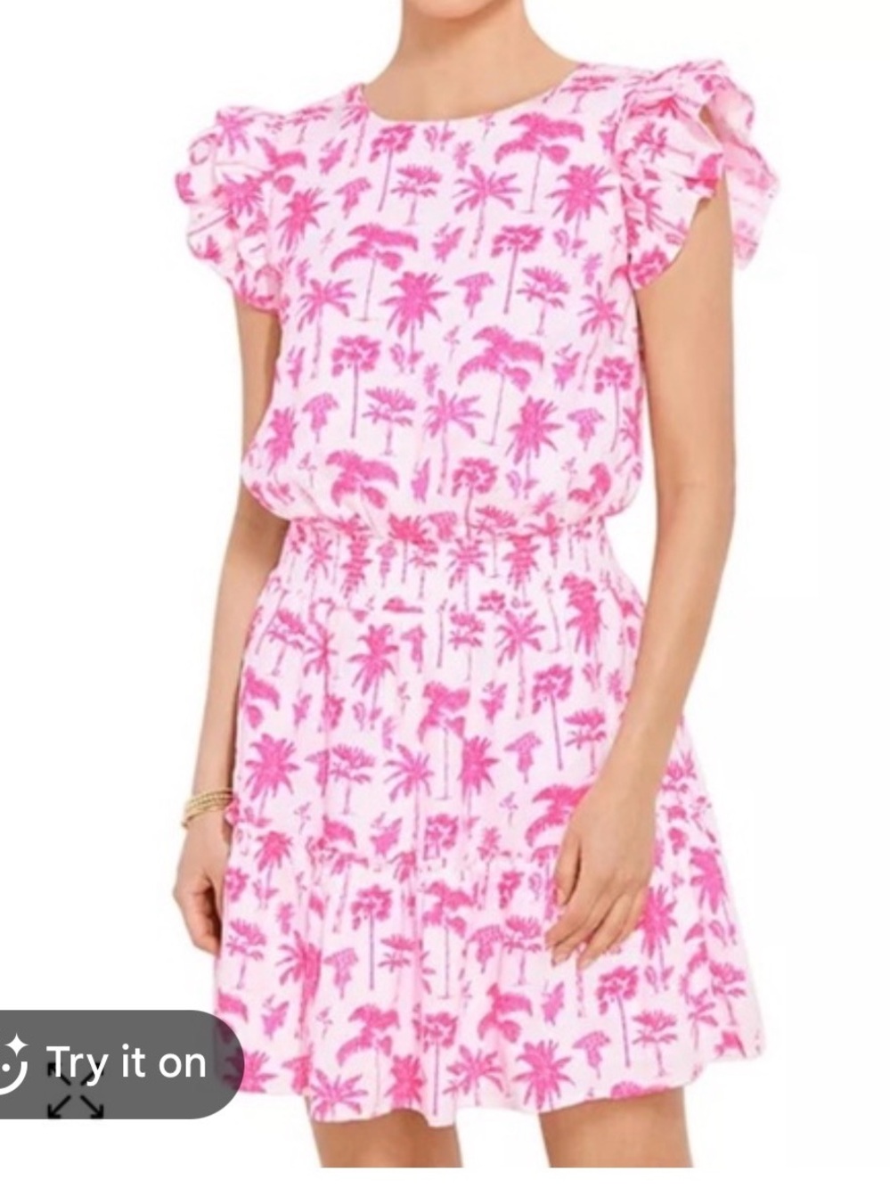 Vineyard Vines Pink Palm-Print Smocked  Linen Dress